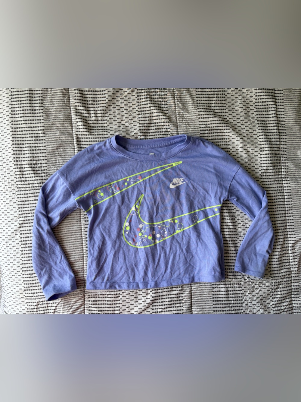 Nike Lavender Long-Sleeve Tee with Neon Green Swoosh Graphic